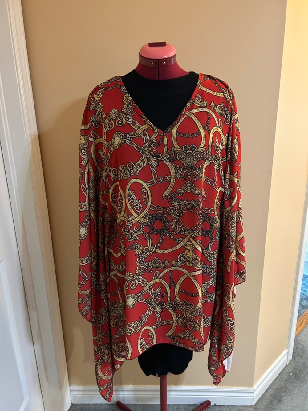 Ashley Stewart Orange and Gold Chain-Print V-Neck Tunic